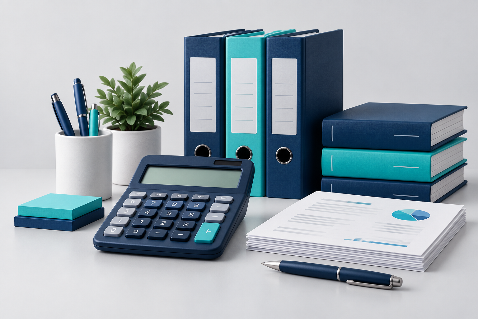 Calculadora e livros contábeis em azul-marinho e turquesa