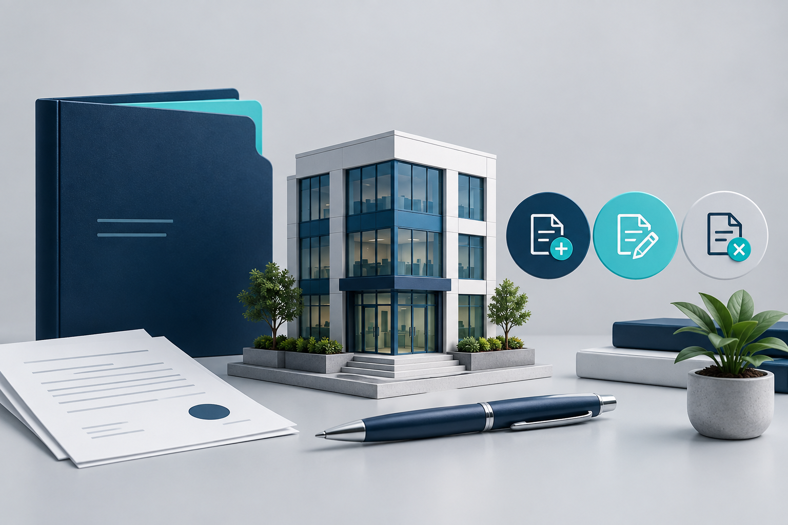 Modelo de empresa, documentos e caneta