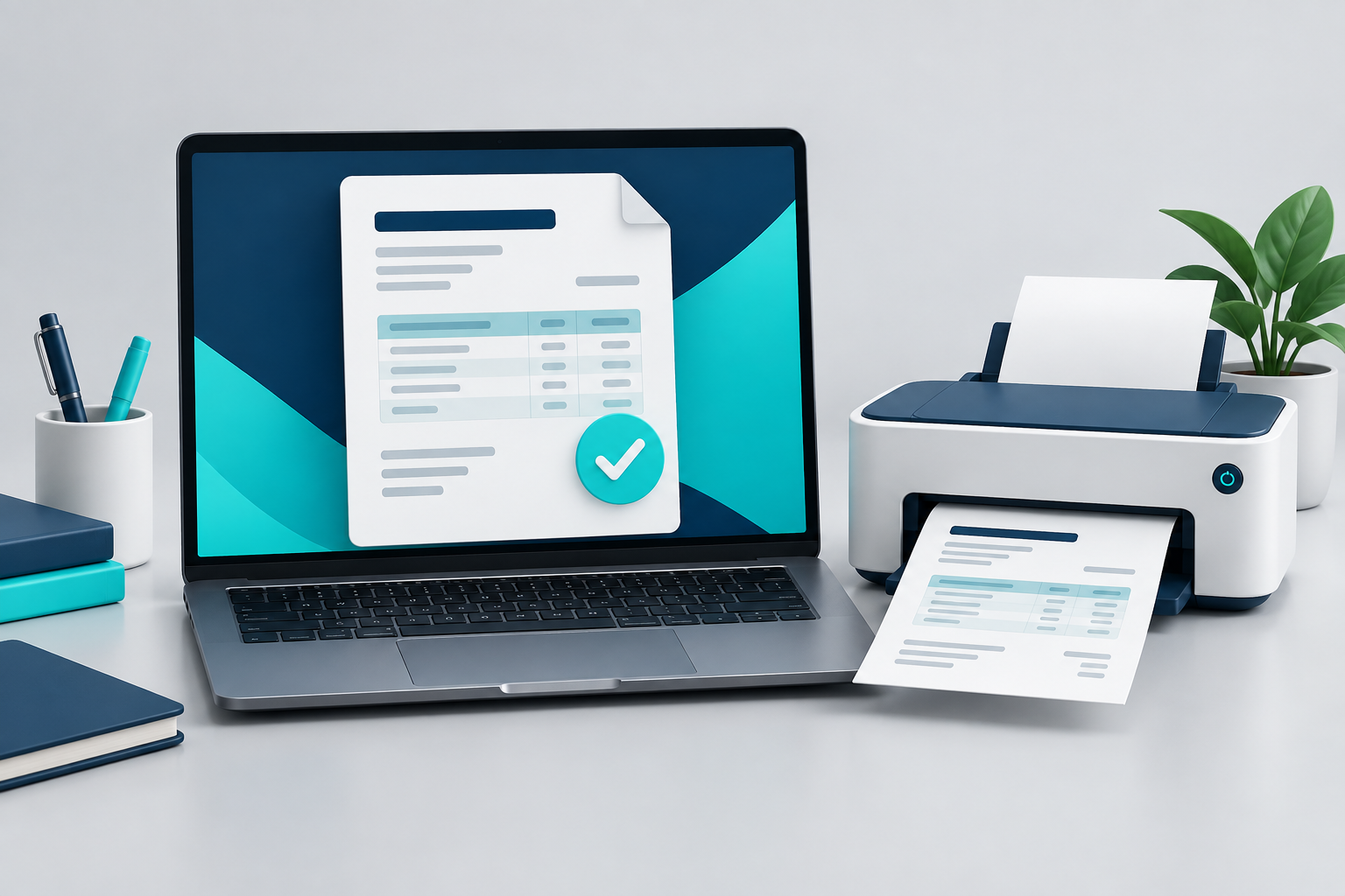 Computador e impressora representando a emissão de notas fiscais em azul-marinho e turquesa