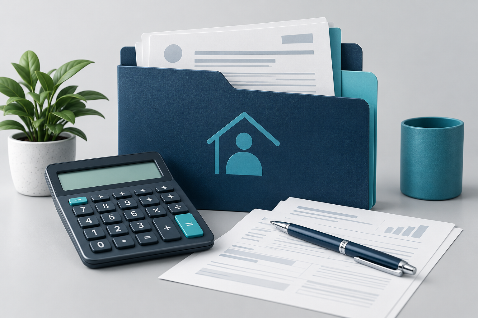 Documentos pessoais, calculadora e caneta para declaração de renda